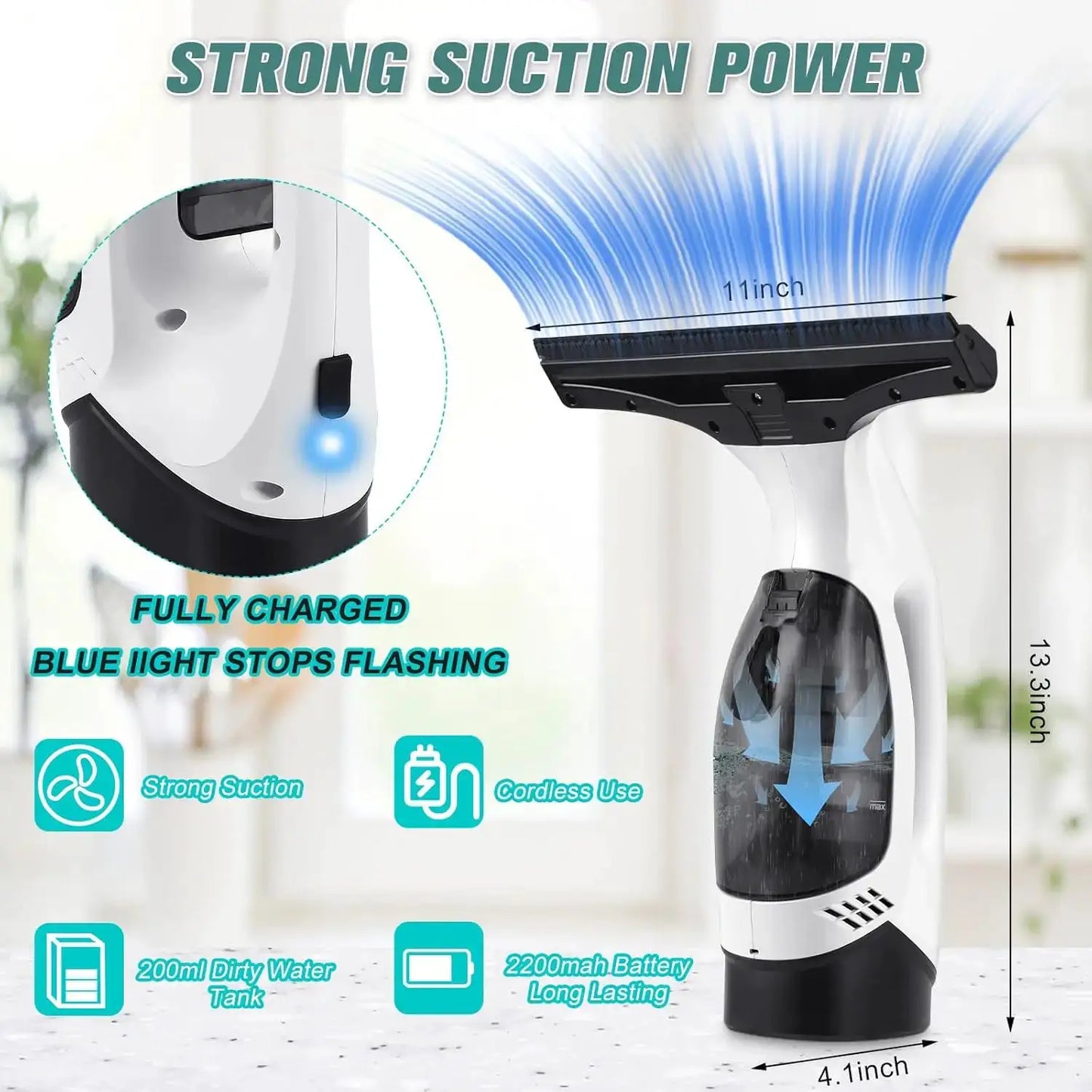 Cordless Window Vacuum Cleaner | Rechargeable Battery | Squeegee Blade
