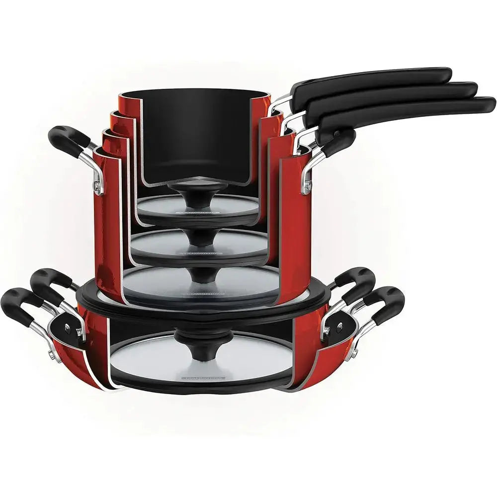 Red 11Pcs Nesting Aluminum Non Stick Pots Pans Set With Lids Dishwasher Oven Safe Kitchen Cookware from PriceLows™