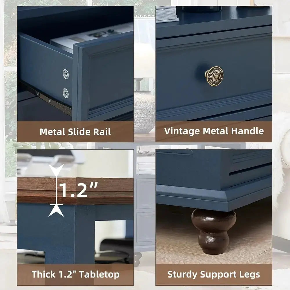 24 Wide Armhouse Nightstand, Large End Table with 2 Drawers and Metal Handle, Wood Drawer or Bedroom, Blue Bedside Table Chest o from PriceLows™