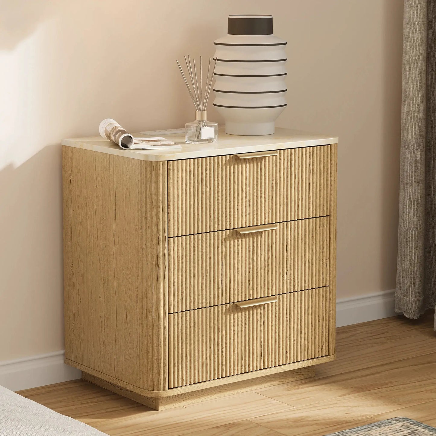 23" Wide Fluted Night Stand with Charging Station,3 Drawers Large End Table with Storage,Black Nightstand Wood Bedside Table, Farmhouse Cabinet Dresser for Bedroom,Closet from PriceLows™