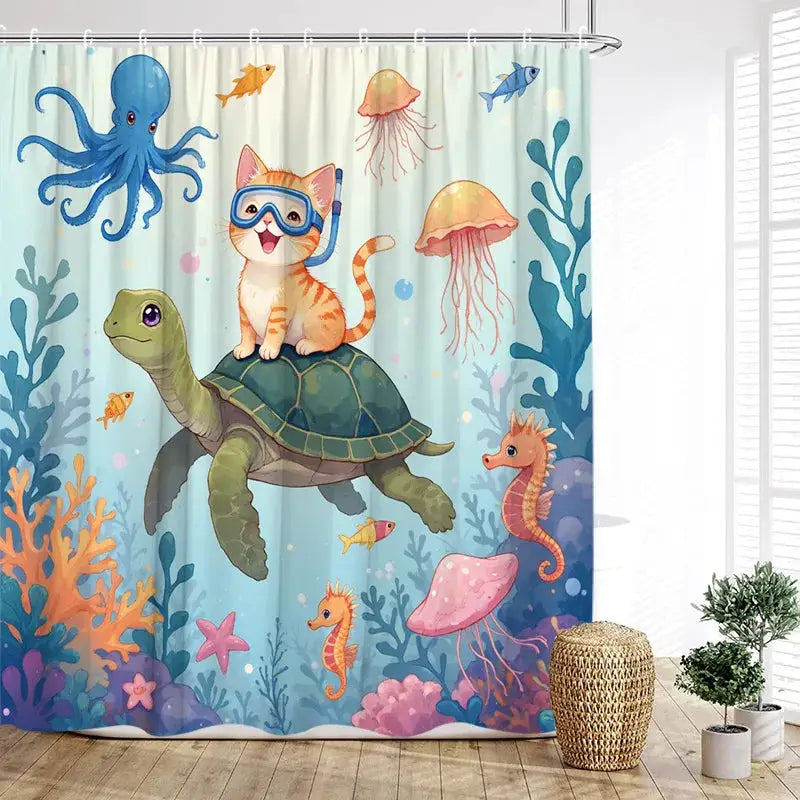 Funny Diving Cat Dog Shower Curtain Cute Cartoon Bathing Animals Sea Turtle Underwater Scenery Kids Bathroom Curtains Decor Set from PriceLows™