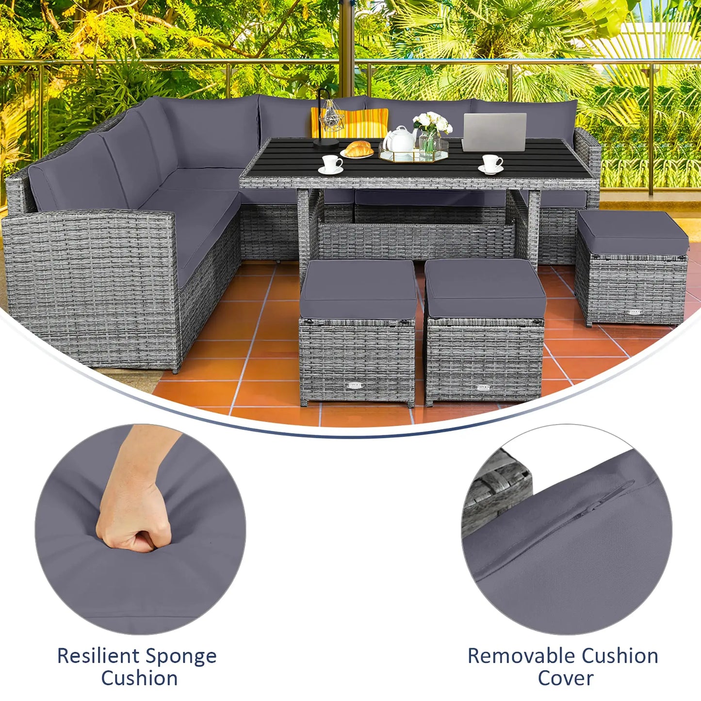 7 PCS Patio Rattan Dining Set Sectional Sofa Couch Ottoman Garden Grey from PriceLows™