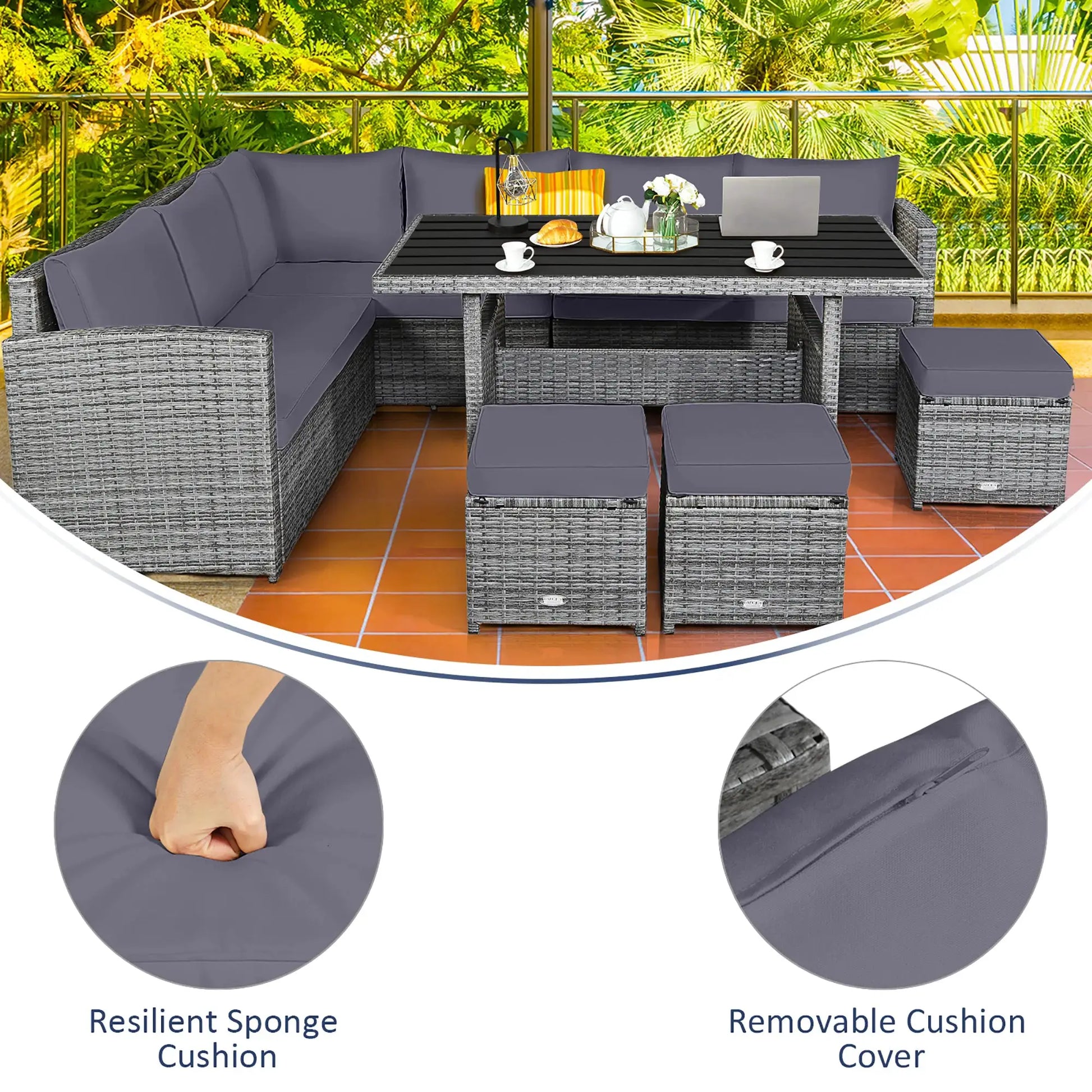 7 PCS Patio Rattan Dining Set Sectional Sofa Couch Ottoman Garden Grey from PriceLows™
