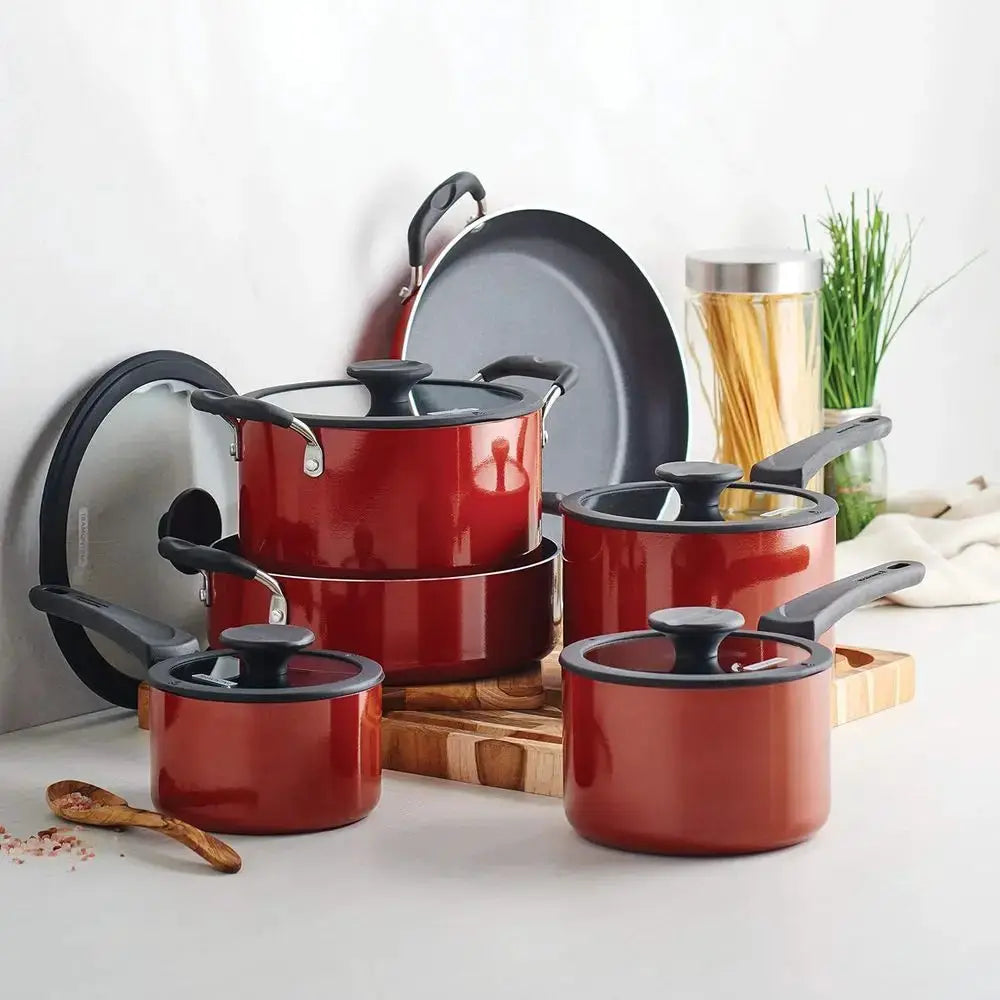 Red 11Pcs Nesting Aluminum Non Stick Pots Pans Set With Lids Dishwasher Oven Safe Kitchen Cookware from PriceLows™