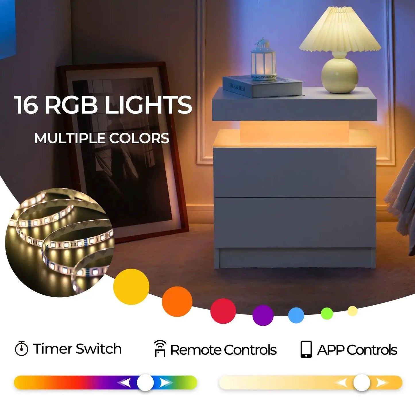 Cubehom Nightstand Set of 2 LED Nightstand with 2 Drawers,Night Stand with LED Light,Bedside Table with Drawers for Bedroom from PriceLows™