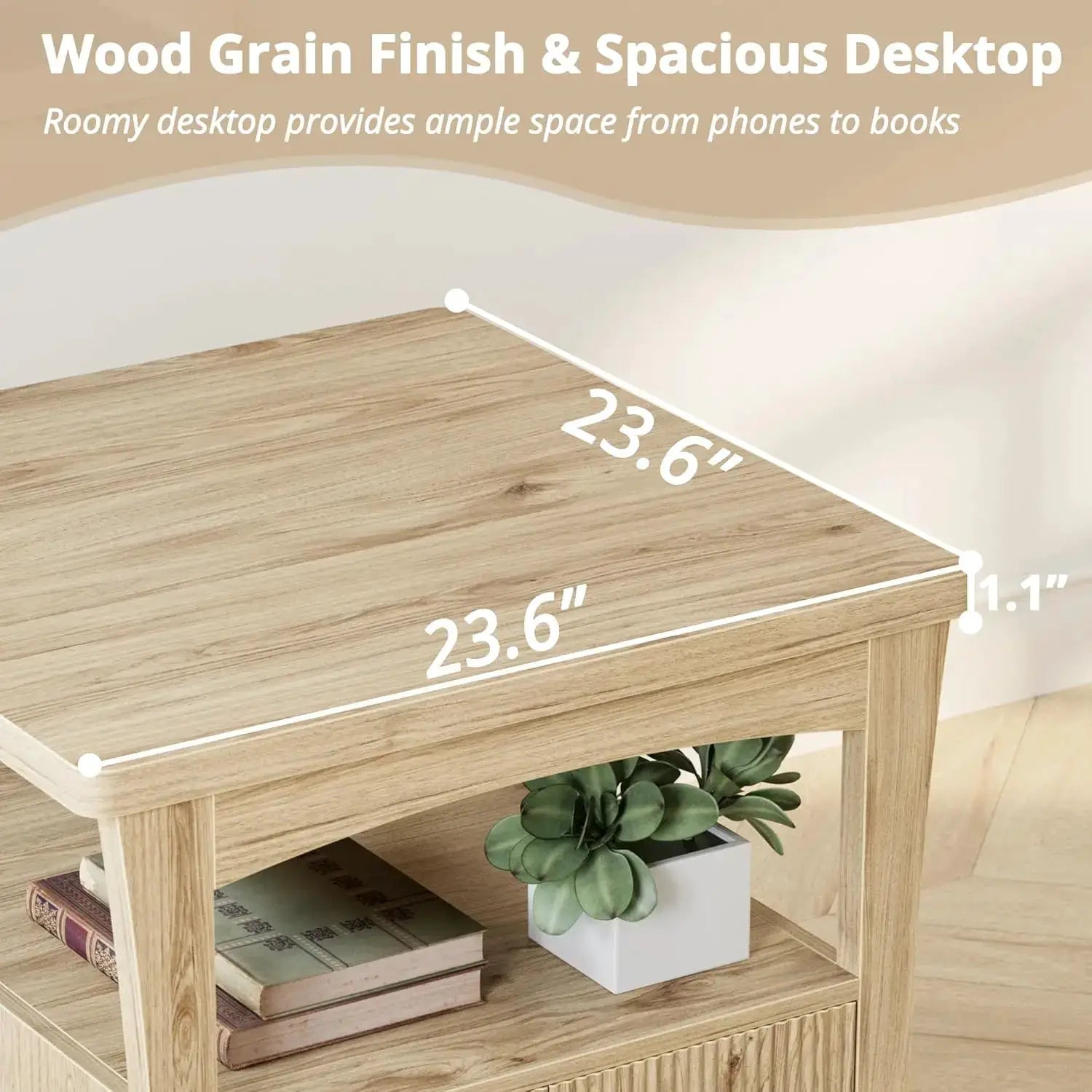 Nightstand with Charging Station, Wood Night Stand, 23.6inch Large Bedside Table with Storage, End Table for Bedroom, Oak from PriceLows™