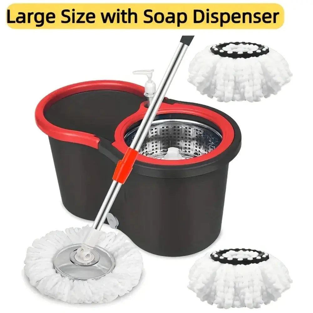 360° Spin Mop Bucket Set with Soap Dispenser, 2 Reusable Microfiber Heads, 61" Stainless Steel Handle Floor Cleaner from PriceLows™