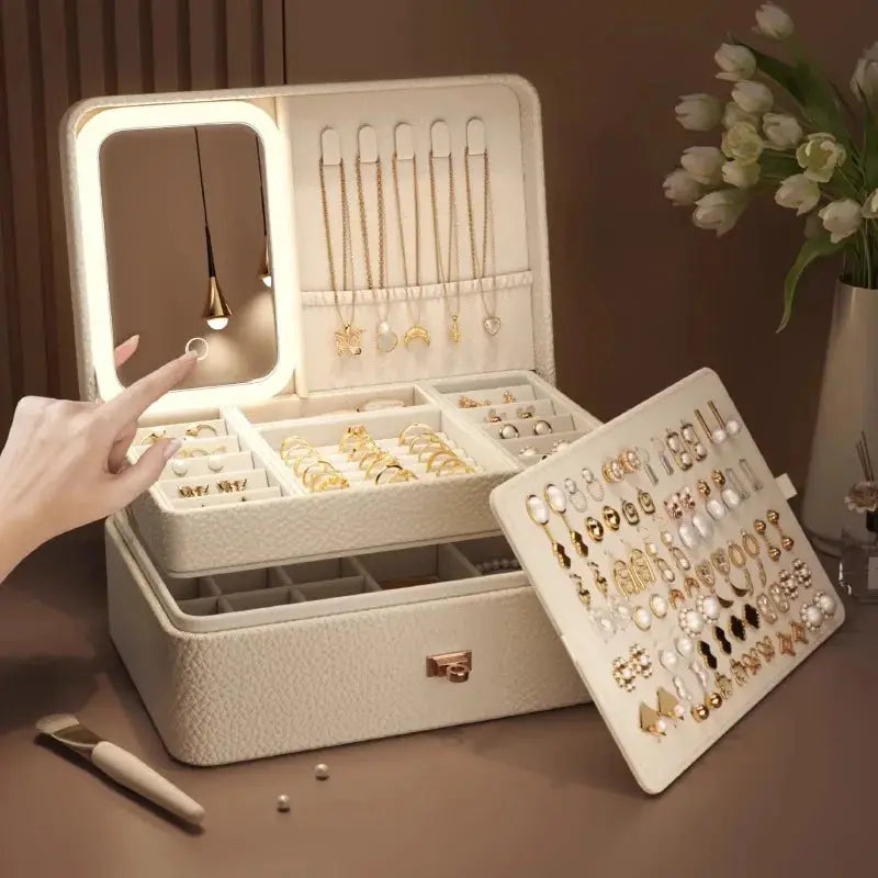 Jewelry Box, Ring, Earrings, Necklace, Anti Oxidation Storage Box, Jewelry Display Accessories - Makeup Mirror with LED Light from PriceLows™