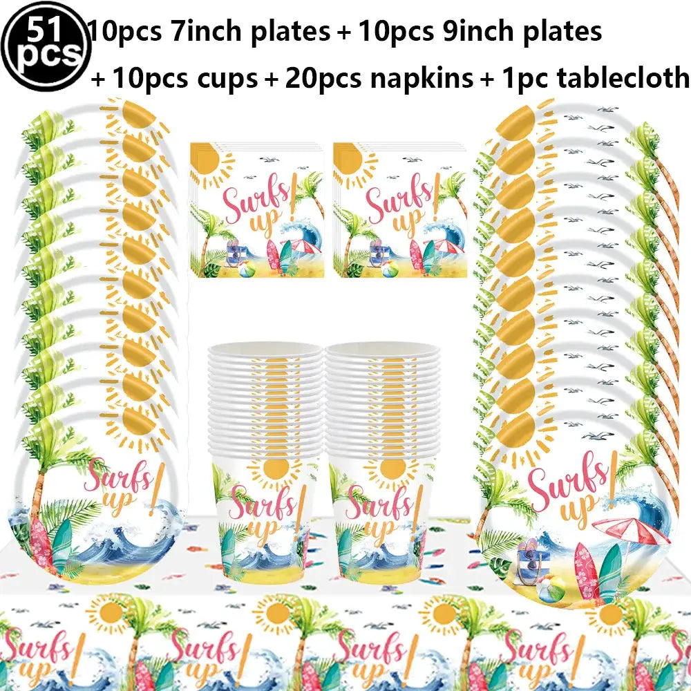 Surf Beach Party Tableware | Paper Plates Napkins Cups | Tattoos And Snack Tray