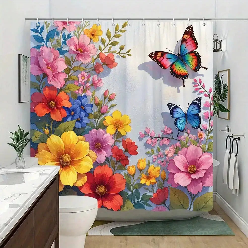 1pc Colorful Butterfly and Flower Shower Curtain | Vibrant Butterflies in Pink, Red, Blue, Green, Surrounded by Detailed Flowers from PriceLows™
