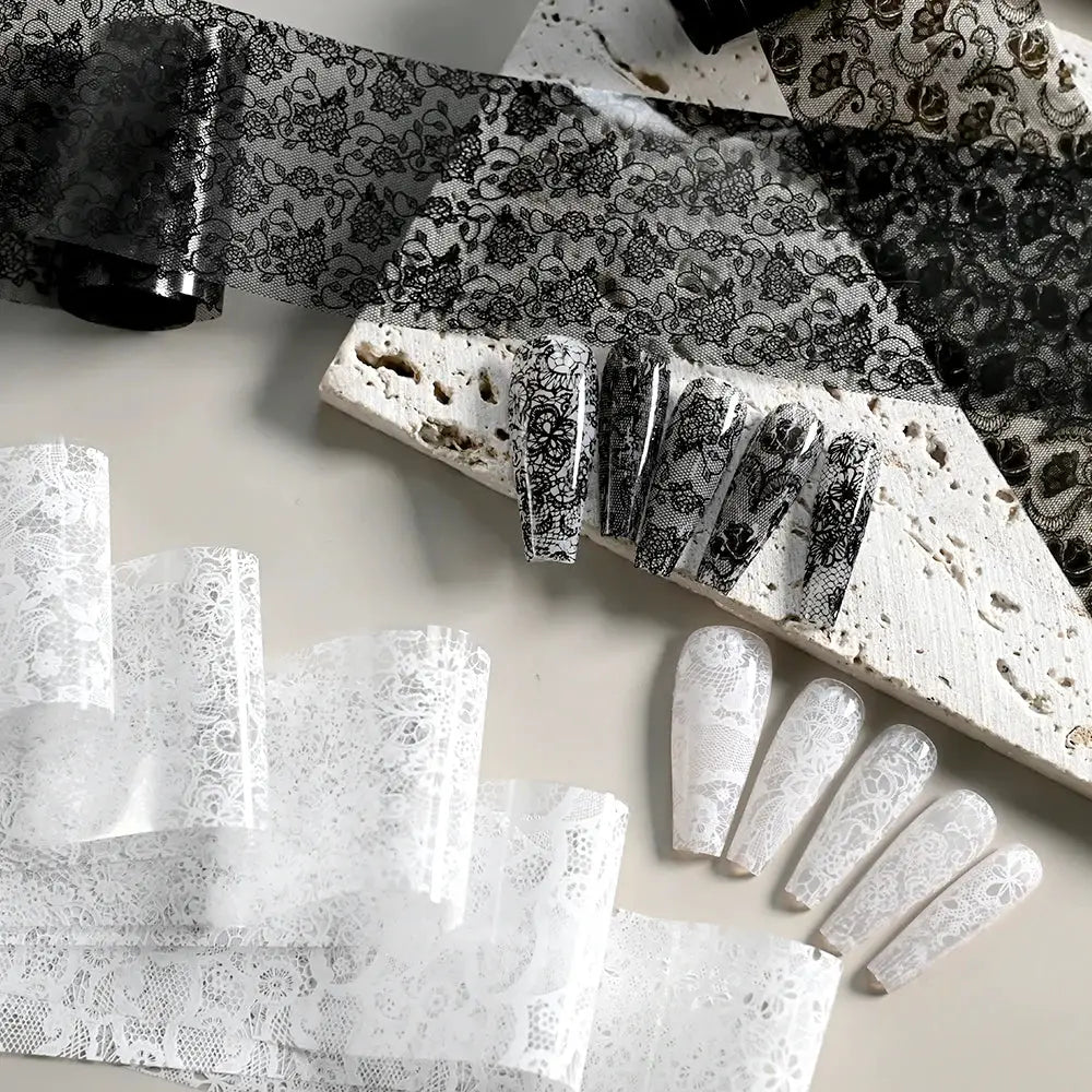 10rolls Mixed Black&White Lace Nail Transfer Foils Sticker Set Sexy Lace Flower Pattern Nail Stickers For women Manicure Decor#% from PriceLows™
