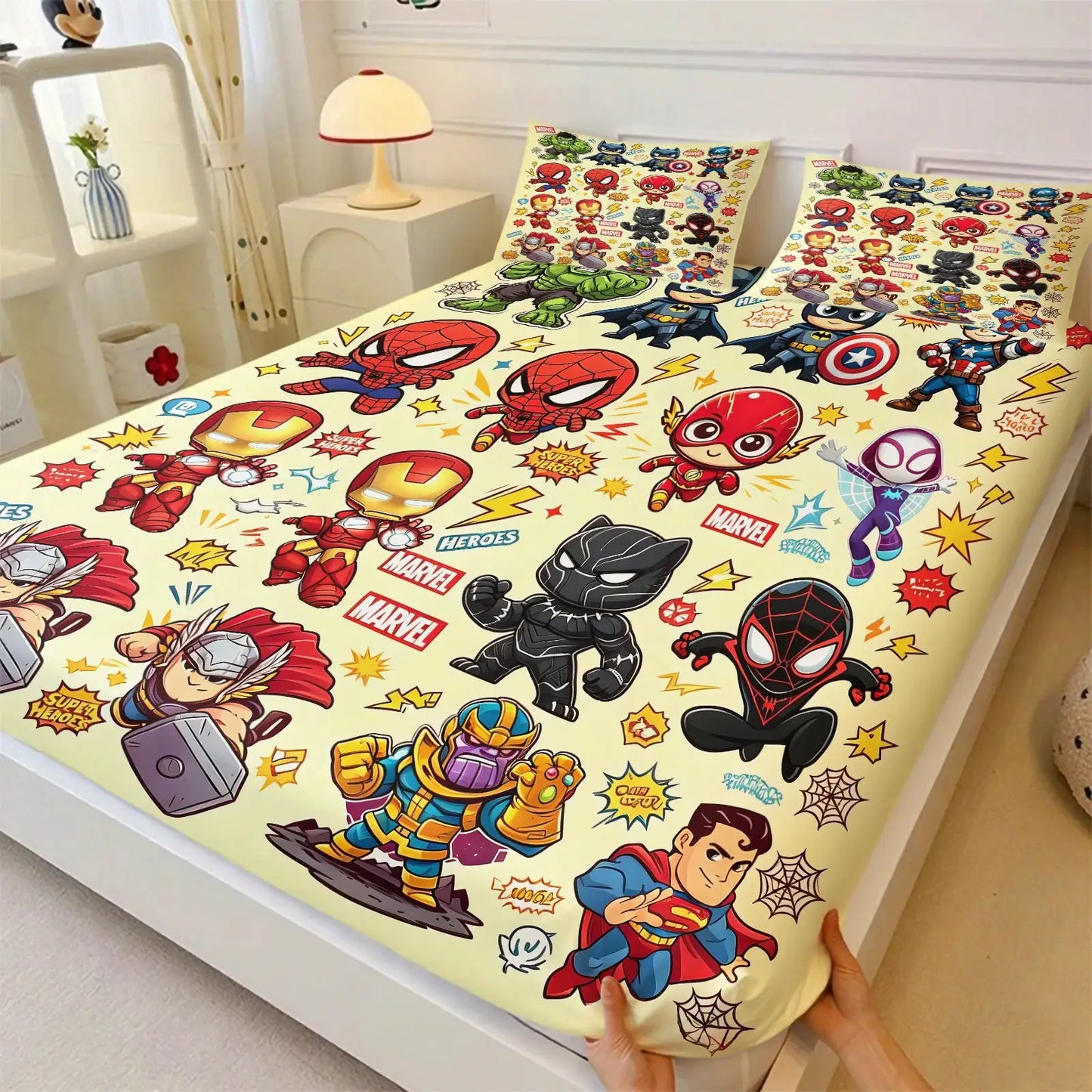 Marvel & DC Cartoon Fitted Sheet Set Chibi Superhero Bed Linen with Pillowcases Deep Pocket Gaming Room Fan Room Kids Room Decor from PriceLows™