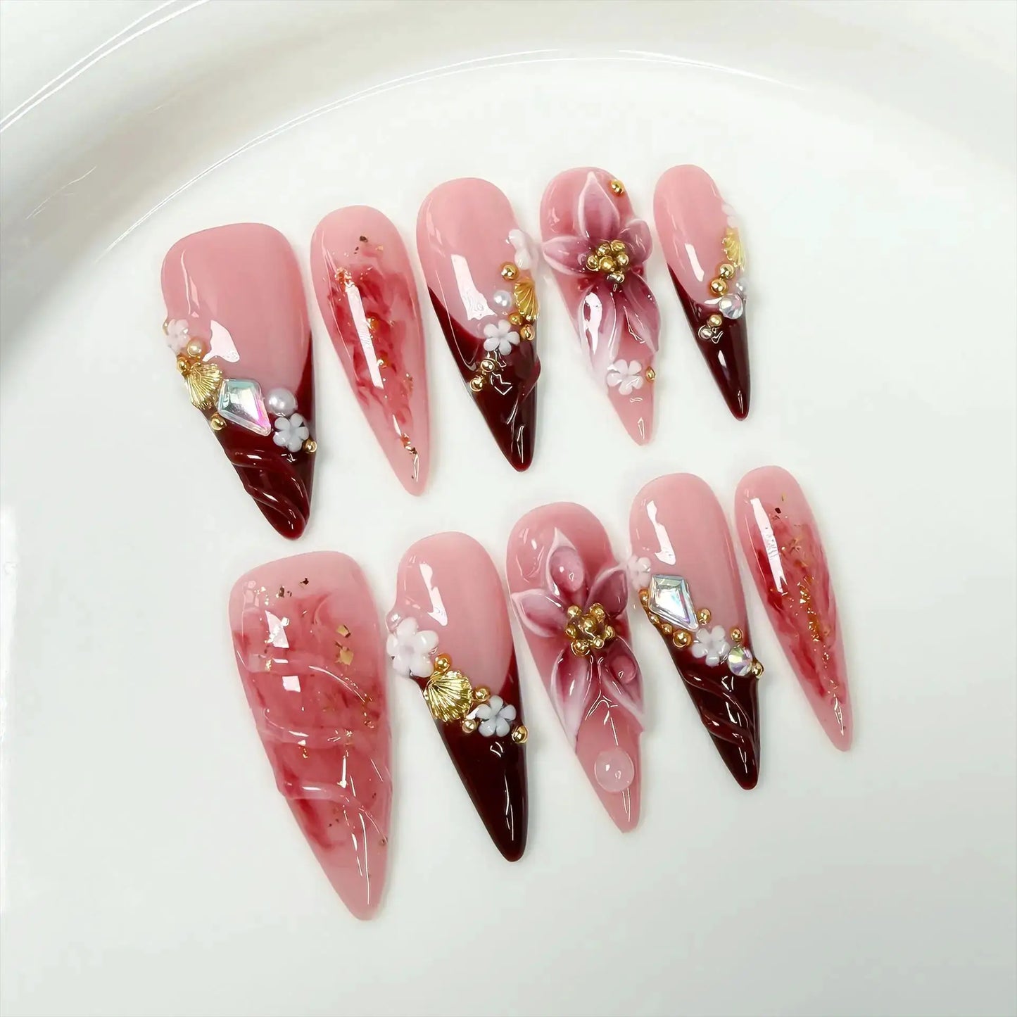 Acrylic Nails | Long Stiletto | Floral Rhinestone Design | 10 Pieces