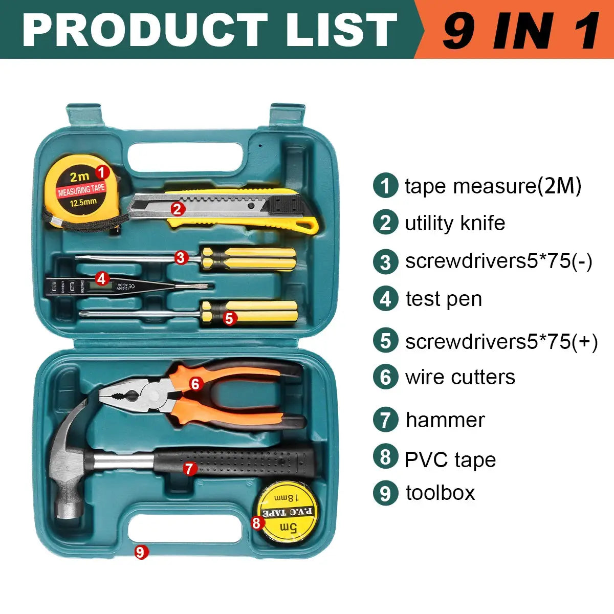 8/9/12/13Piece Tools Set General House hold Hand Tool Kit with Plastic Toolbox Storage Case Used to Car repair And home Repair from PriceLows™
