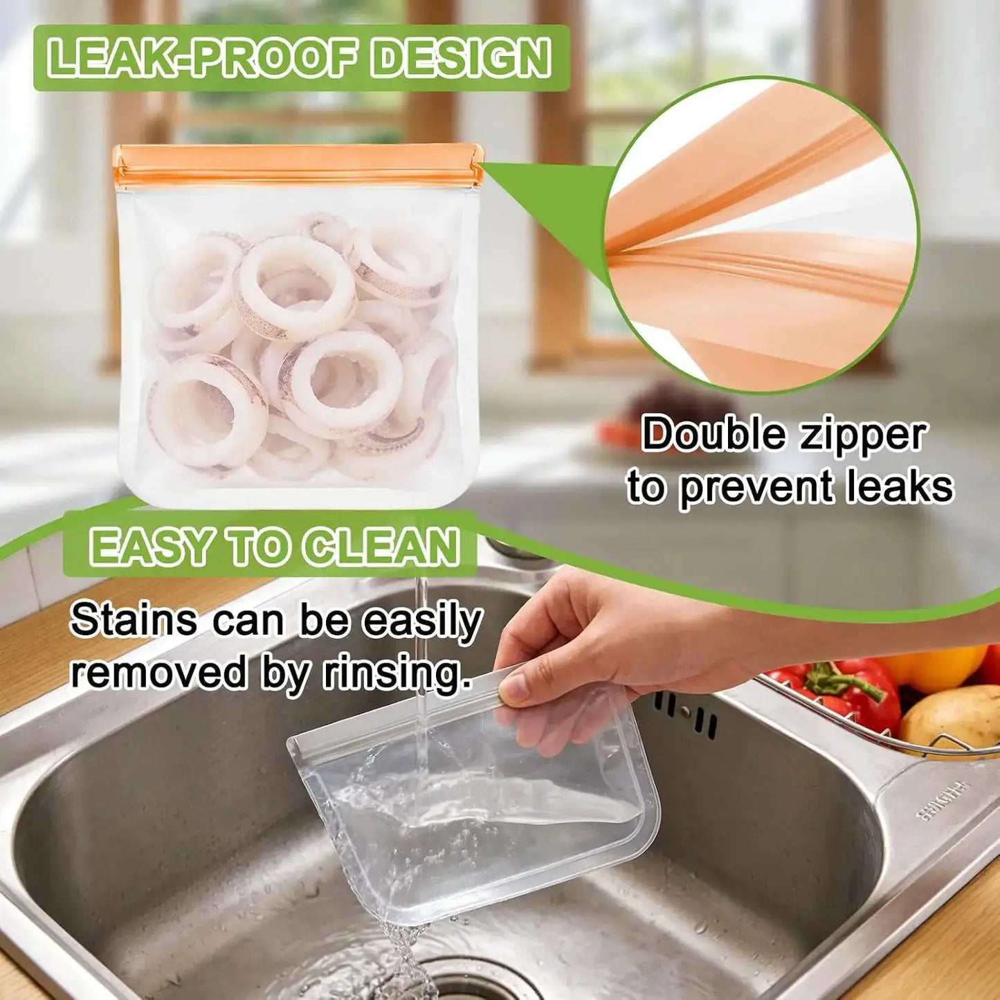 Reusable Silicone Bags | Leakproof | Freezer Safe | 4 Gal, 4 Sand, 4 Snack