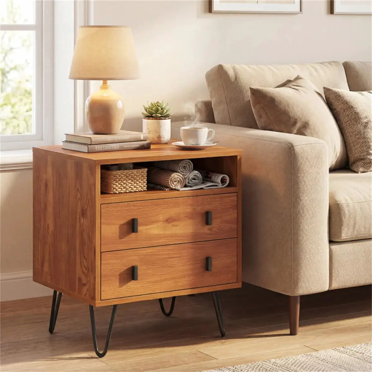 3-in-1 Bedroom Nightstand, Practical Side Table with 2 Drawers & Iron Legs from PriceLows™