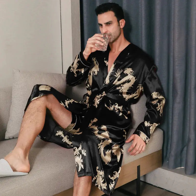 Men Satin Robe | Long Sleeve | Shawl Collar | Printed Design