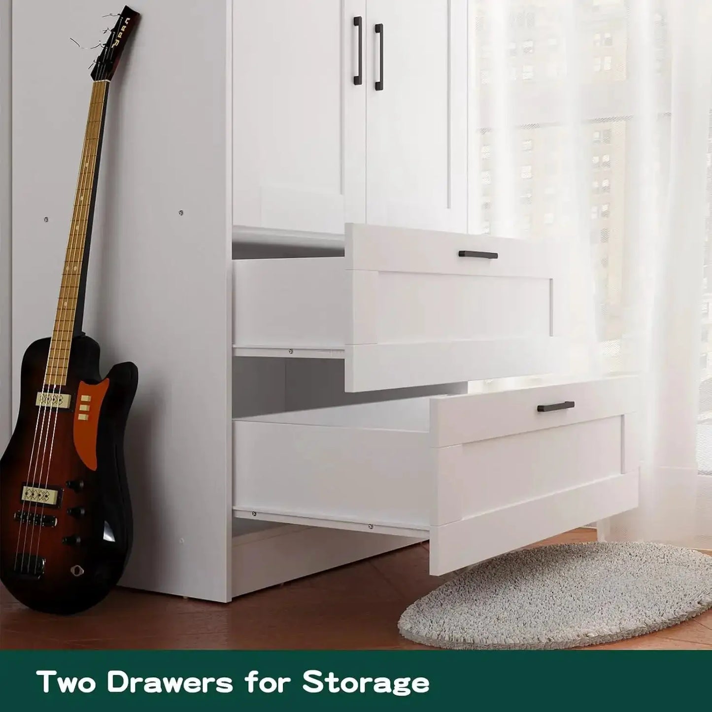 White Wood Wardrobe Closet with 2 Doors and 2 Drawers, Freestanding Armoire Storage with Shelves for Hanging Clothes from PriceLows™