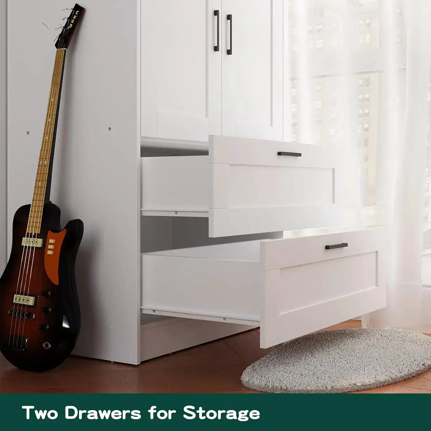 White Wood Wardrobe Closet with 2 Doors and 2 Drawers, Freestanding Armoire Storage with Shelves for Hanging Clothes from PriceLows™