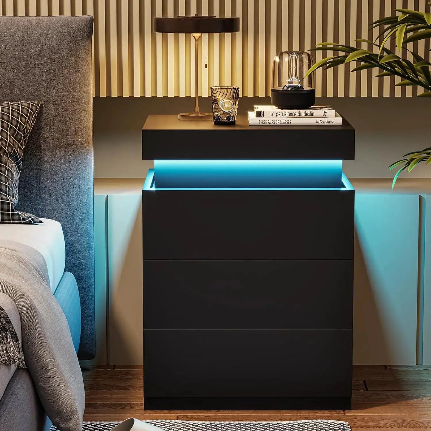 LED Nightstand with Charging Station, Sliding Top Drawer, Modern Bedside Table, Black from PriceLows™