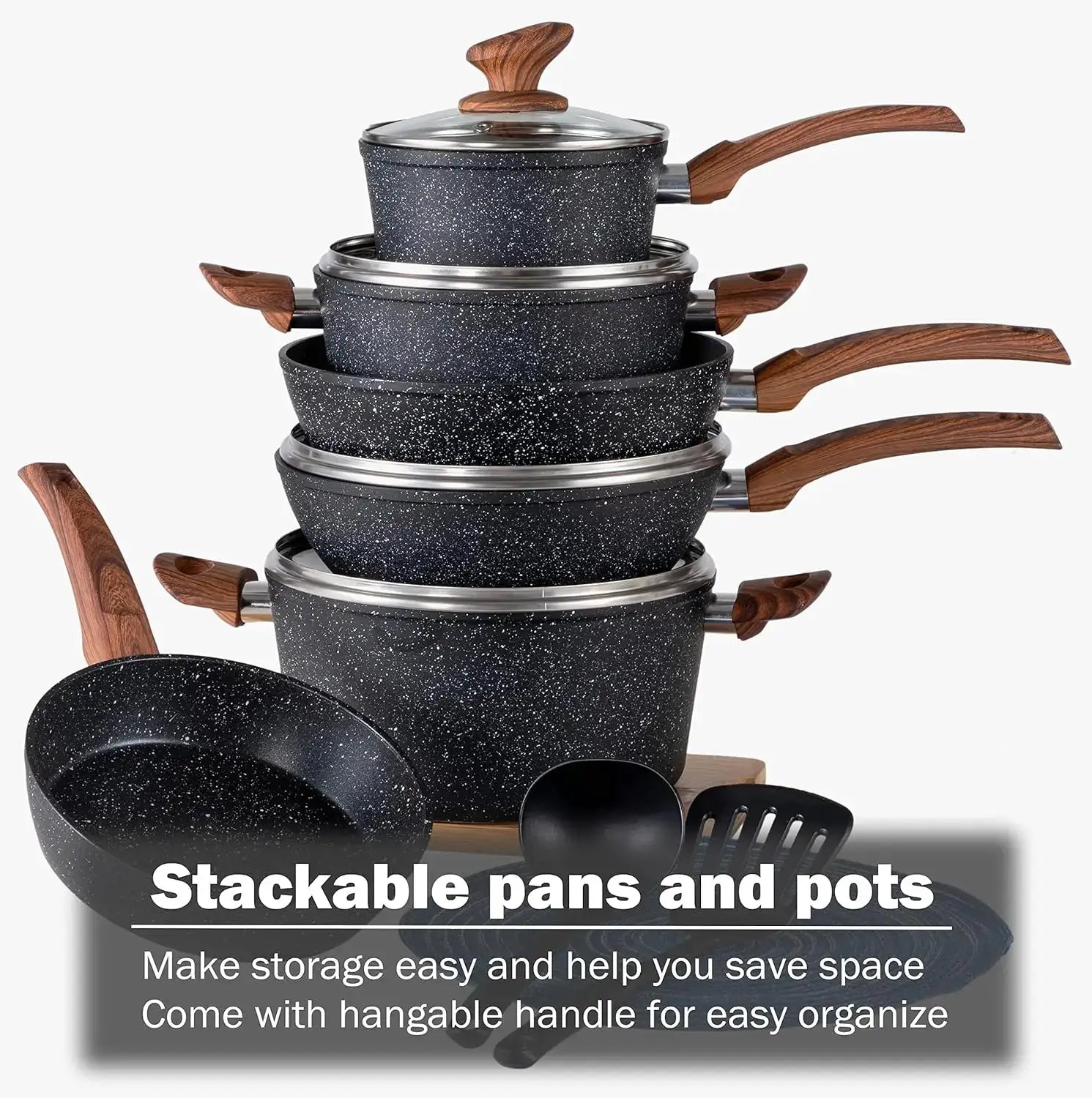 12 Piece Nonstick Granite Cookware Set, Induction Compatible Pots and Pans, Healthy PFOS/PFOA Free, Black from PriceLows™