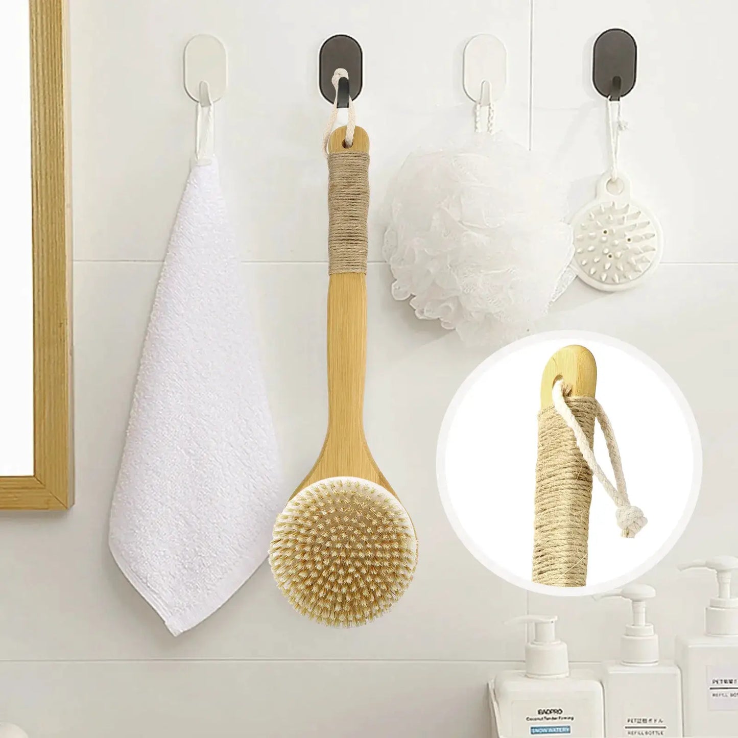 Bath Brush | Long Handle | Boar Bristle | Brown Rope