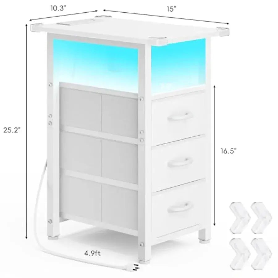 Nightstand with Charging Station and LED Lights, Narrow End Table, LED Nightstand with 3 Fabric Drawers for Bedroom, Small Beds from PriceLows™