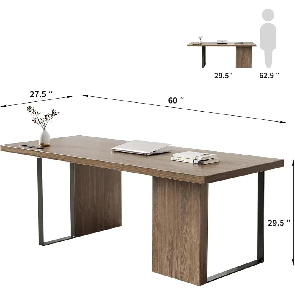 60-Inch Modern Desk, Wooden Computer Executive Desk with Built-in Power Outlet and Large Tabletop Workstation Writing Table Stud from PriceLows™