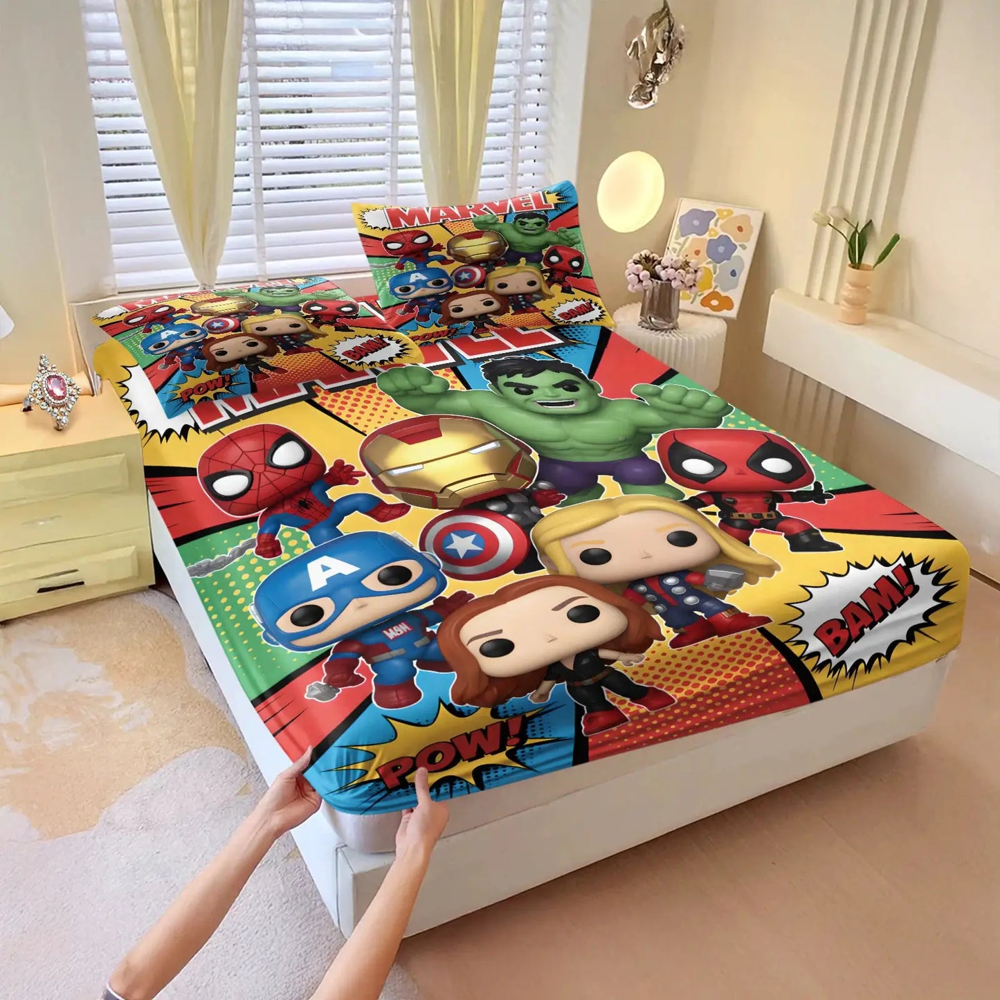 3Pcs Chibi Marvel Fitted Sheet Set with Pillowcases, Soft Deep Pocket Cartoon Print Mattress Cover for Kids Boys Girls Bedroom from PriceLows™
