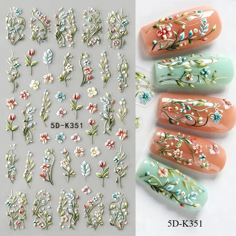 5D Embossed Green Vine Floral Nail Stickers - Matte Finish Self-Adhesive Nail Art Decals with Cartoon-Style Flowers from PriceLows™