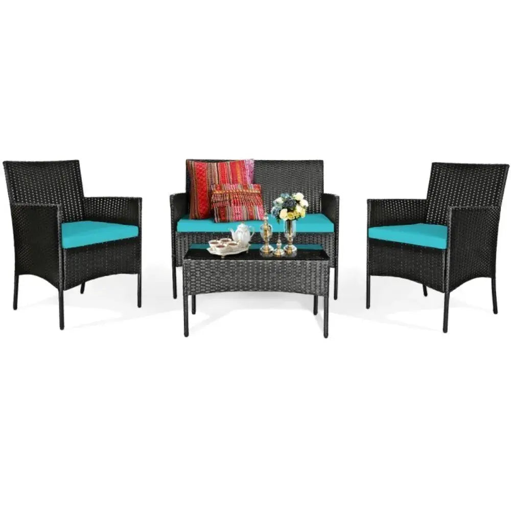 4 Pcs Patio Rattan Cushioned Sofa Furniture Set With Tempered Glass Coffee Tabl from PriceLows™