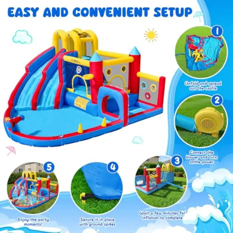 Outdoor and indoor inflatable bounce house with double water slide 620 W blower 12-in-1 waterslide park large pool climbing wal from PriceLows™