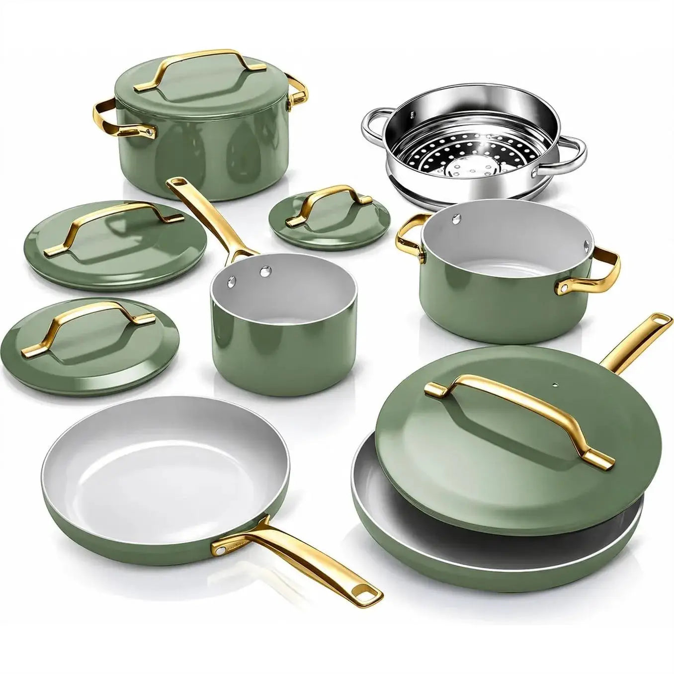 11 Pc Ceramic Cookware Set with Nonstick Coating, Induction Ready Pots and Pans with Steamer from PriceLows™