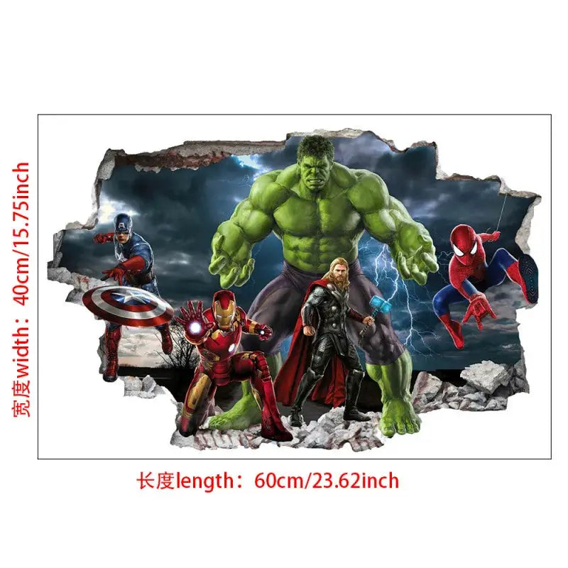 3D Wall Sticker | Size 60x40 cm | Avengers | Hulk Iron Man Captain America Thor