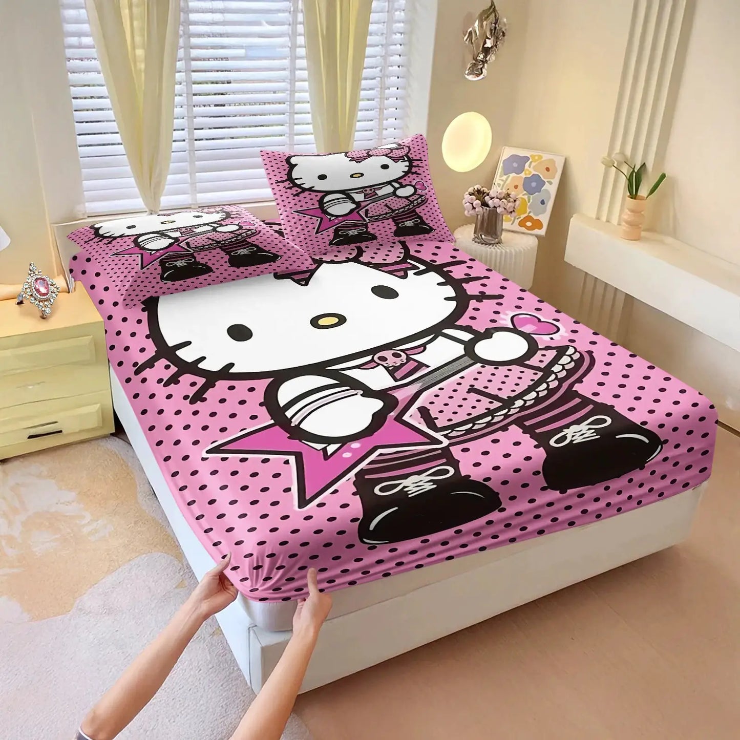 3Pcs Hello Kitty Fitted Sheet Set Purple Glitter Print with Pillowcases Cute Cartoon Fitted Sheet Set for Girls Bedroom Decor from PriceLows™