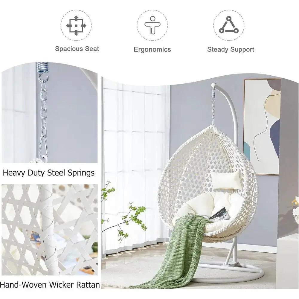 White Outdoor Indoor Hanging Egg Chair with Stand & Cushions, Perfect for Patio, Balcony, Backyard, and Living Spaces from PriceLows™