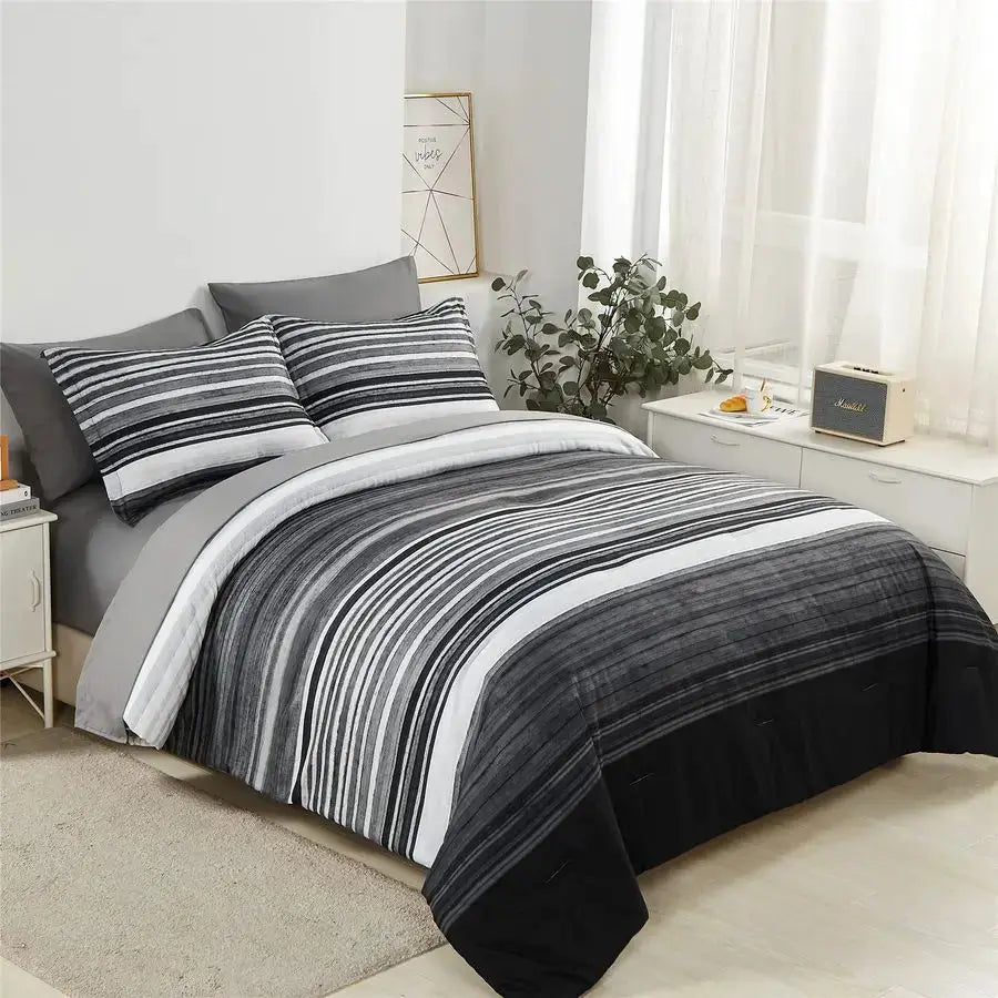 7 Piece Bed in a Bag Stripe Comforter Set Queen Size, White Grey Black Patchwork Striped Comforter and Sheet Set, All Season Sof from PriceLows™