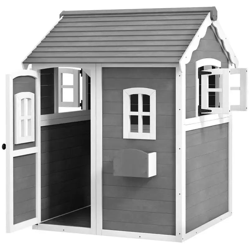 Outsunny Outdoor Wooden Playhouse for Kids with Floor, Door, Windows, Planter Box for 3-8 Years Old, Backyard, Lawn, Garden from PriceLows™