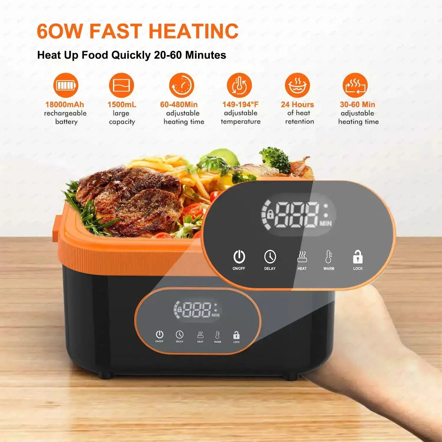 Gison Electric Heated Lunch Box Food Warmer 1.5L60W Outdoor Car Travel Office18000mah battery Portable No water fast heating Box from PriceLows™