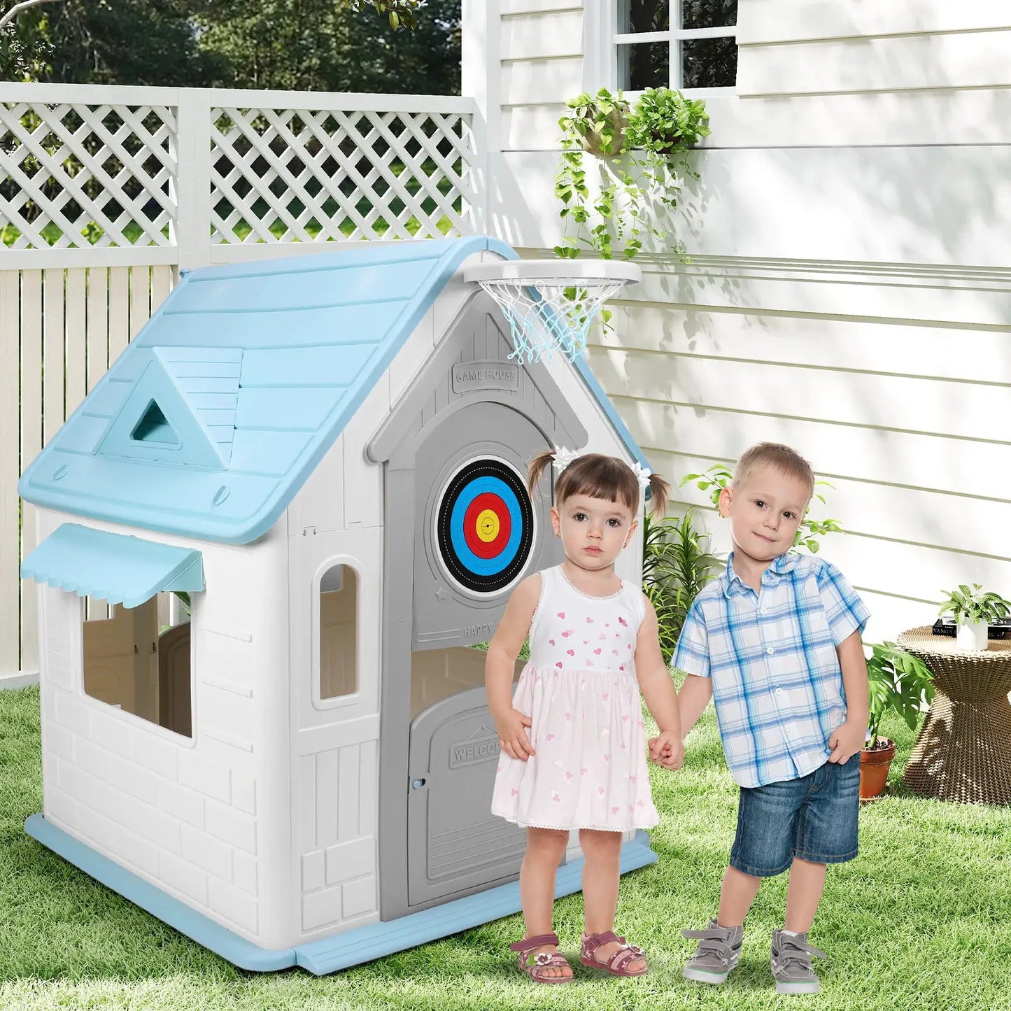Indoor/Outdoor Playset with Basketball Hoop Dartboard Plastic Playhouse Outdoor Playhouse for Toddlers from PriceLows™