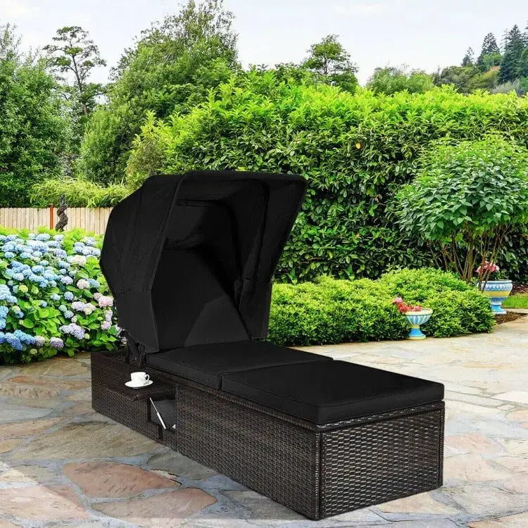 Rattan Reclining Chaise Lounge Chair Outdoor Patio Black Cushions Folding Canopy from PriceLows™