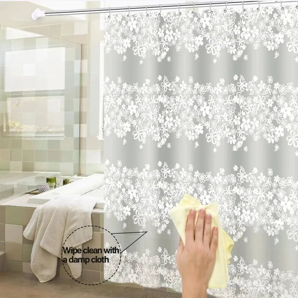 1pc White Flower Shower Curtain Liner with Metal Grommets & Plastic Hooks, Plastic Transparent Bath Curtain Bathroom Decor from PriceLows™