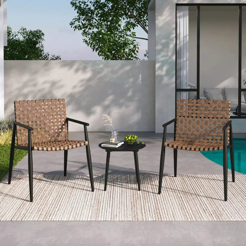 PE Rattan Outdoor Chat Set 2 Chairs, Black Steel & Glass Side Table, Modern Durable Patio Furniture for Garden Balcony Yard from PriceLows™