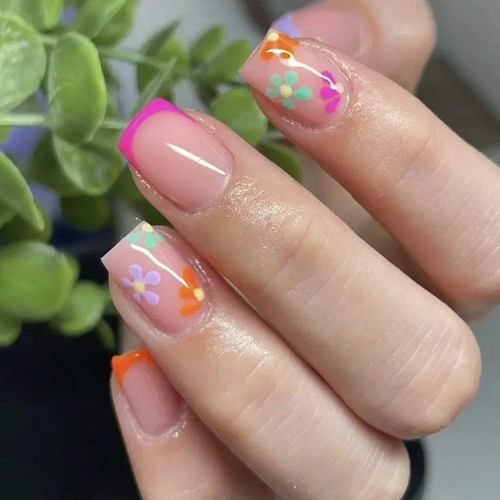 Short Almond Press On Nails | Pink Floral French | Reusable Full Cover | 24 Pcs