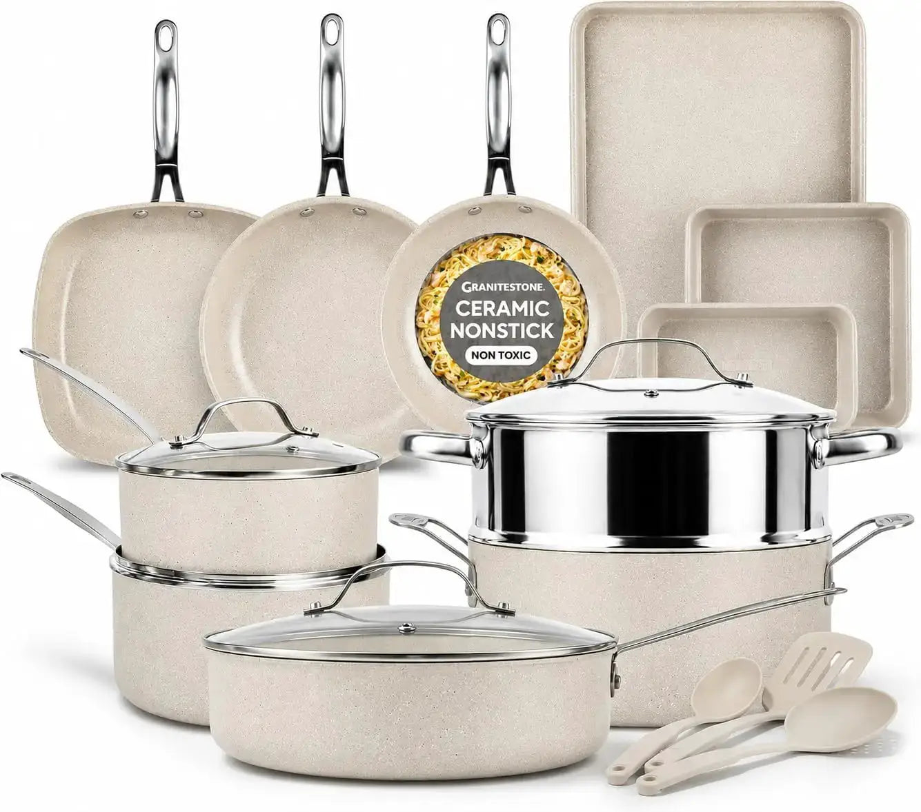 20 Pc Ceramic Nonstick Cookware Set, Complete Pots and Pans with Bakeware, Utensils & Steamer, Oven & Dishwasher Safe, PFOA PFOS Free from PriceLows™