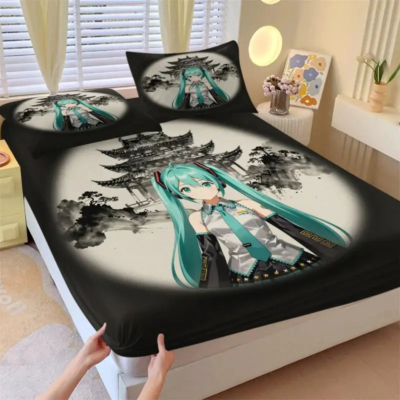 3Pcs Hatsune Miku Fitted Sheet Set with 2 Pillowcases Ink Wash Temple Anime Bedding Set Soft Deep Pocket for Fan Bedroom Decor from PriceLows™