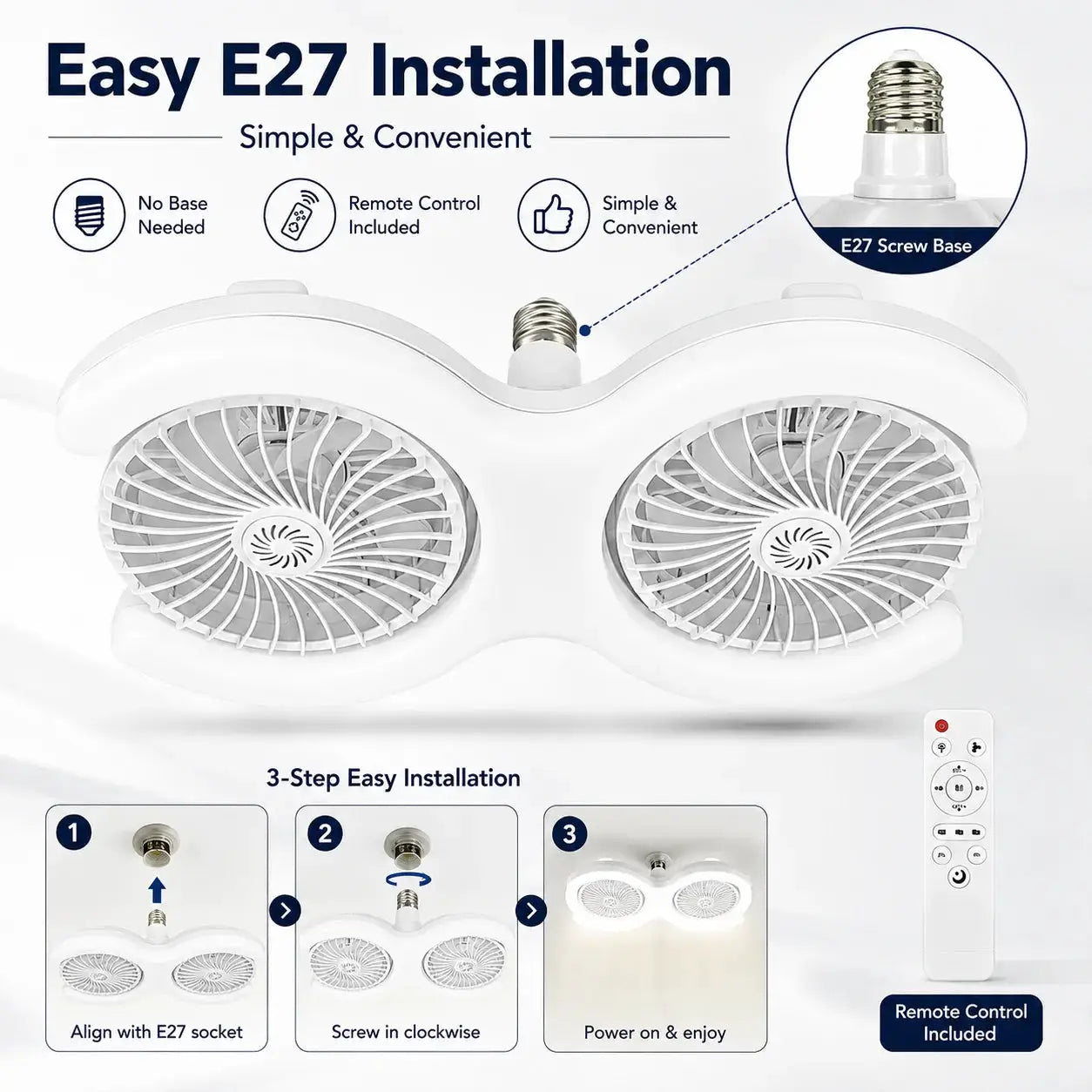 LED Ceiling Fan Light | 60W LED | Remote Control E27 Socket