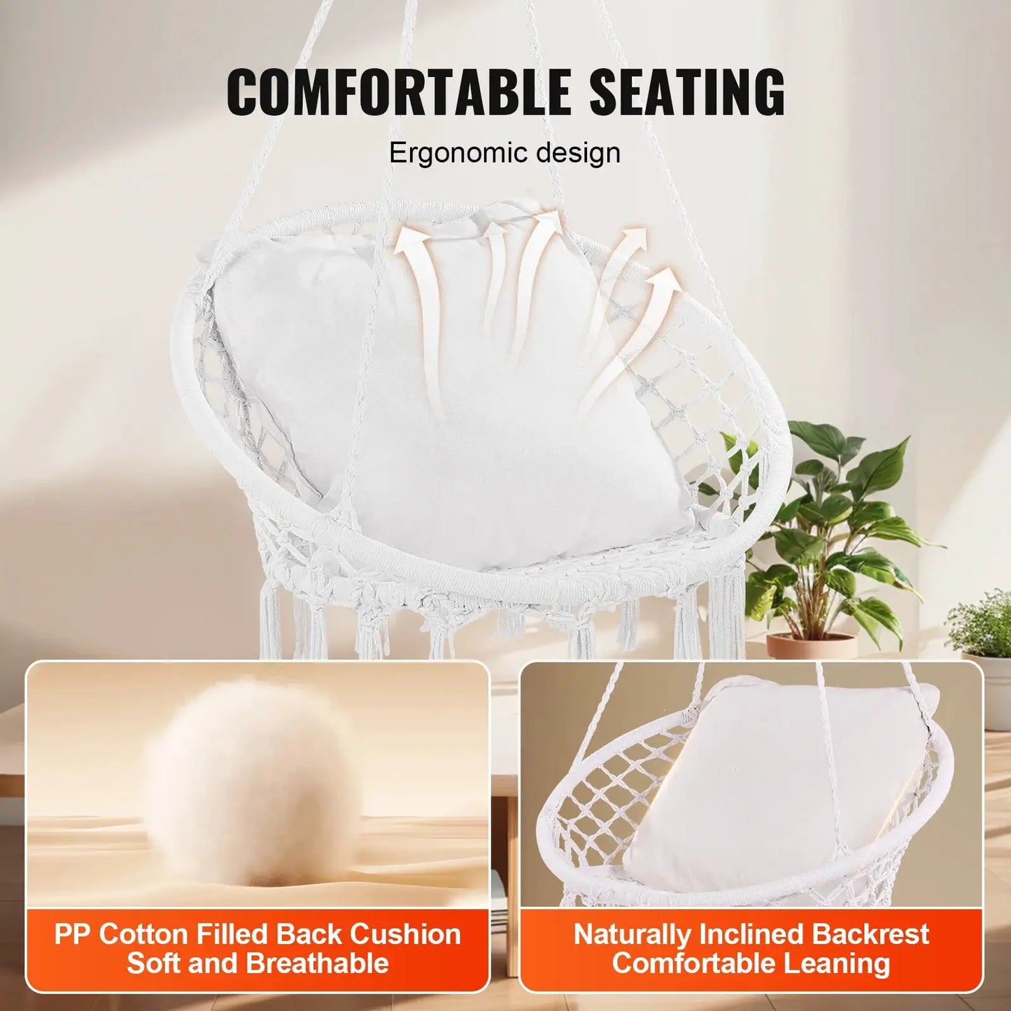 SucceBuy Hanging Hammock Swing Chair 330lbs Macramé Hanging Chair Cotton Rope Swing Chair for Bedroom Balcony Patio Garden White from PriceLows™