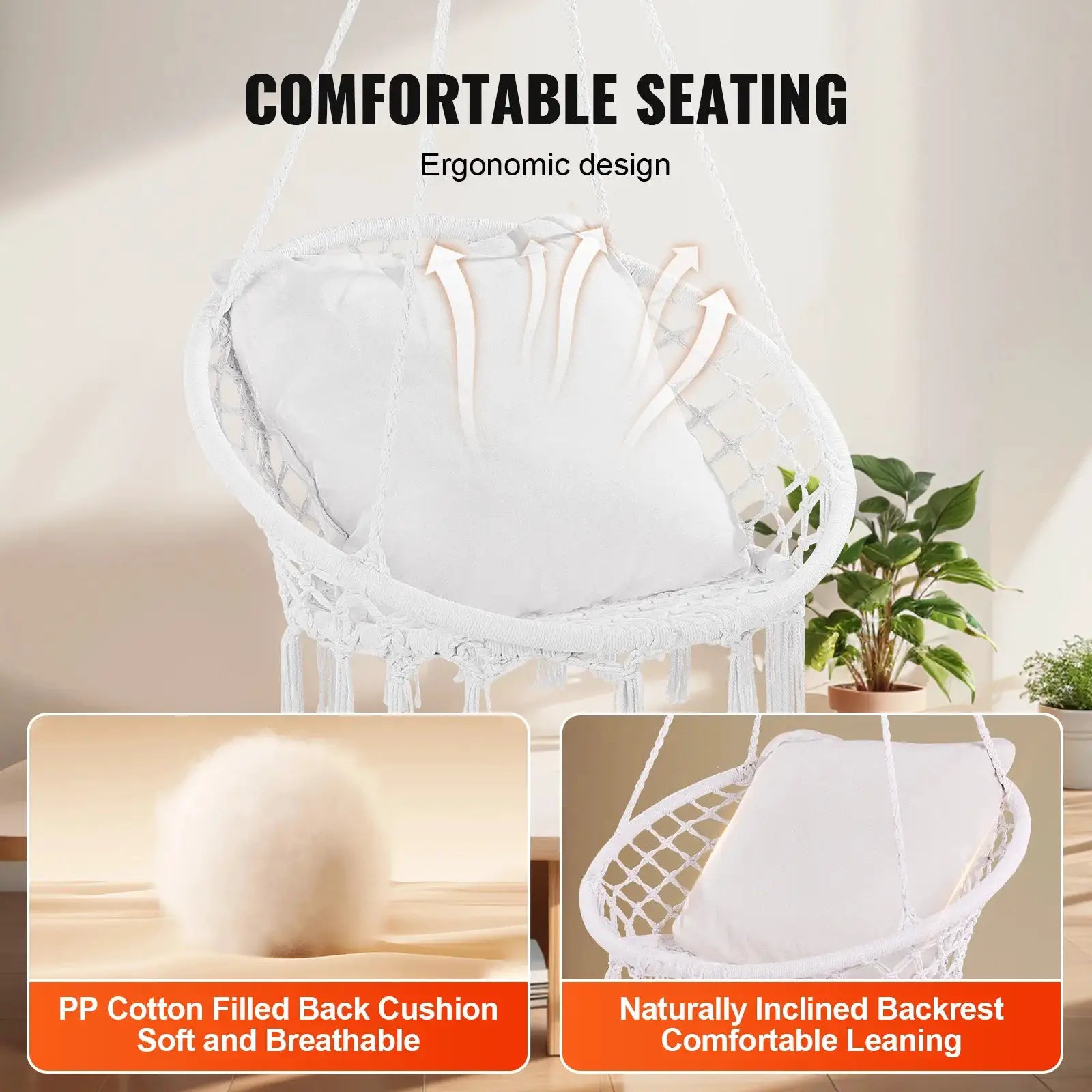 SucceBuy Hanging Hammock Swing Chair 330lbs Macramé Hanging Chair Cotton Rope Swing Chair for Bedroom Balcony Patio Garden White from PriceLows™