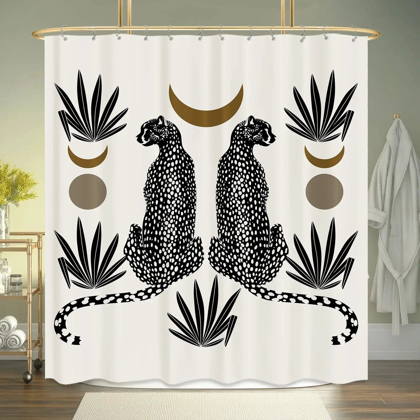 Boho Cheetah Shower Curtain,Tropical Leopard Wildlife Bath Curtain,Modern Pink Aesthetic Moon Phase Blue Floral Bathroom Curtain from PriceLows™